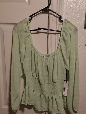 Vero Moda Pastel Green Long Sleeve Smocked Peasant Top